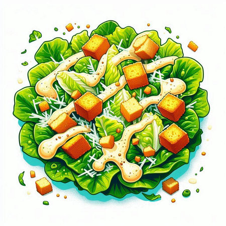 Illustration of salad with croutons, lettuce, cheese and sesame seedsのイラスト素材
