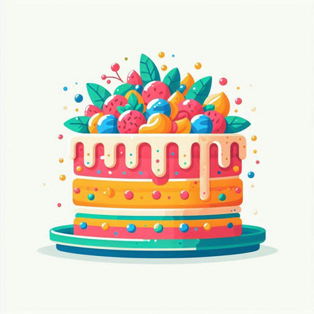Birthday cake decorated with berries. Vector illustration in cartoon style.のイラスト素材