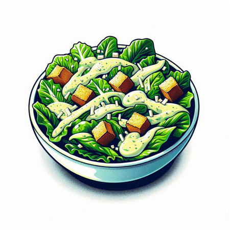 Illustration of a bowl of caesar salad with lettuce and cheeseのイラスト素材