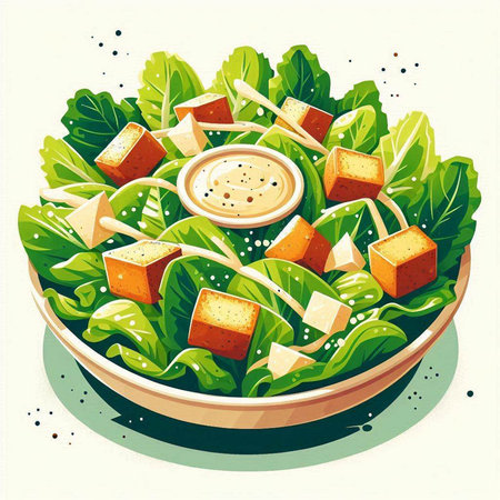 Salad with cheese, croutons and sauce. Vector illustration.のイラスト素材