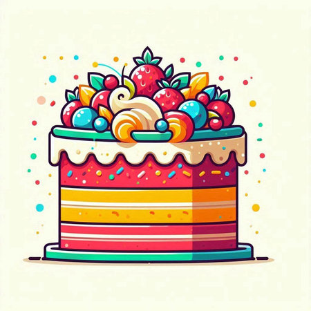 Birthday cake with cream and berries. Vector illustration in a flat style.のイラスト素材
