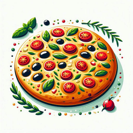 Pizza with tomatoes, olives and basil. Vector illustration.のイラスト素材