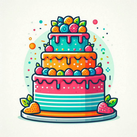 Birthday cake with berries. Colorful vector illustration in doodle style.のイラスト素材