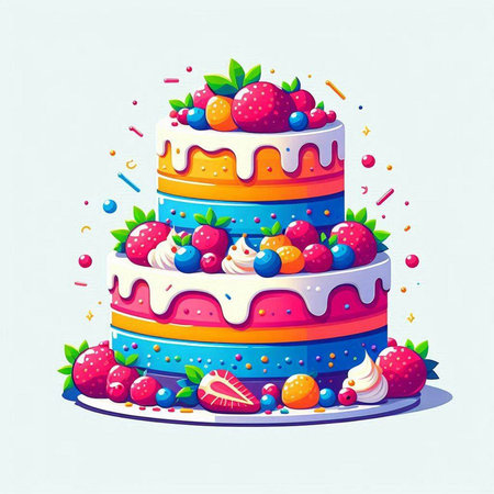 Vector illustration of a birthday cake with berries, isolated on white background.のイラスト素材