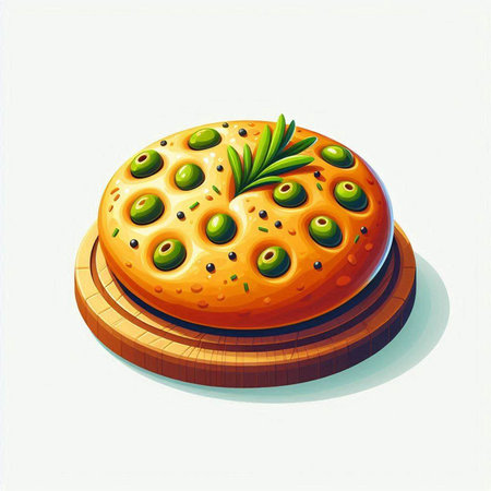 Illustration of a round bread with olives on a wooden boardのイラスト素材