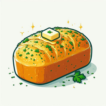 Fresh baked loaf of bread with butter and parsley. Vector illustration.のイラスト素材