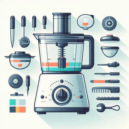 Kitchen equipment. Blender, blender, saucepan, coffee grinder, mixer, electric kettle. Flat style vector illustration.のイラスト素材