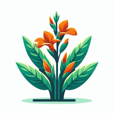 Illustration of orange flower with green leaves isolated on white background.のイラスト素材