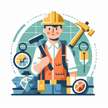 Worker with tools. Vector illustration in flat cartoon style isolated on white background.のイラスト素材