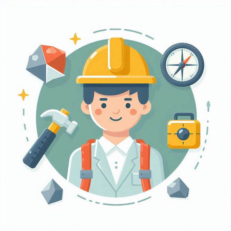 Construction worker with tools. Vector illustration in cartoon style. Flat design.のイラスト素材