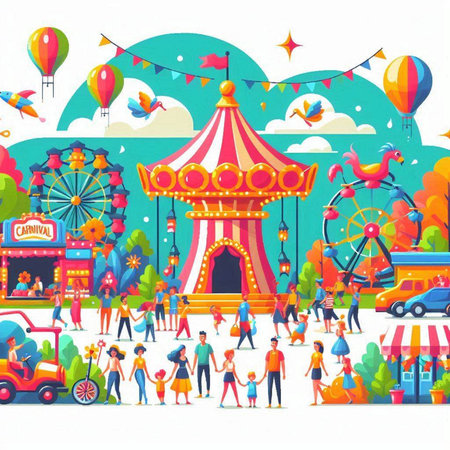 Amusement park vector illustration. Cartoon amusement park background with people and children.のイラスト素材