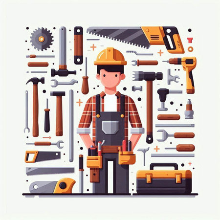 Carpenter man with tools. Vector illustration in flat style.のイラスト素材
