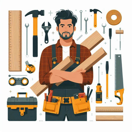 Carpenter with set of tools. Vector illustration in flat styleのイラスト素材