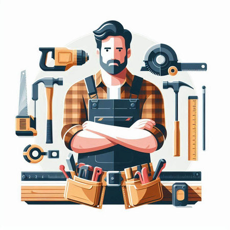 Craftsman with tools. Vector illustration in flat cartoon style.のイラスト素材