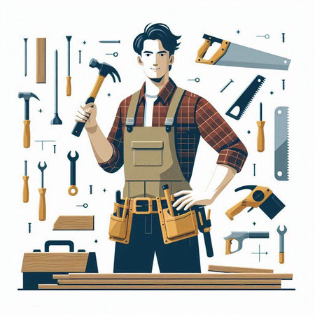 Carpenter with tools. Vector illustration in a flat style.のイラスト素材