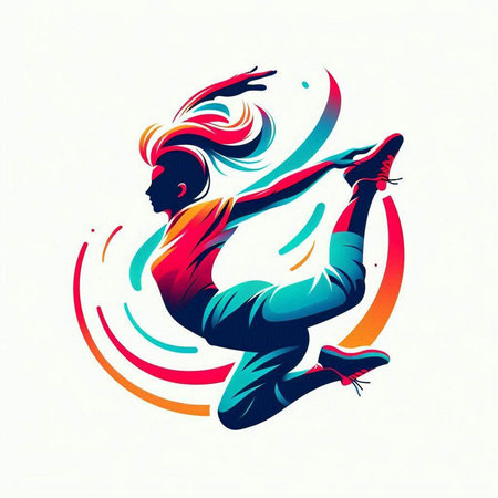 illustration of a woman jumping in the air with a colorful backgroundのイラスト素材