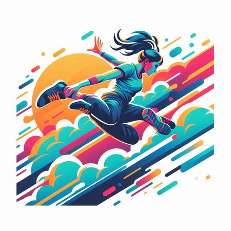 illustration of a girl dancing breakdance on a colorful backgroundのイラスト素材