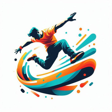 Skateboarder jumping in the air. Vector illustration. Colorful abstract background.のイラスト素材