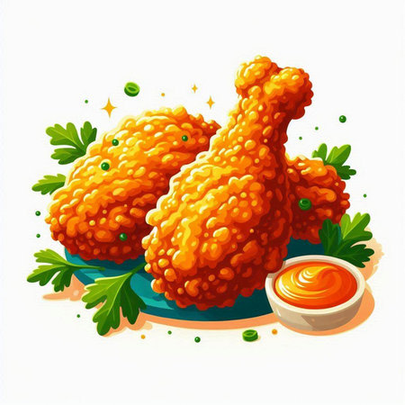 Illustration of fried chicken wings with sauce and parsley on a white backgroundのイラスト素材