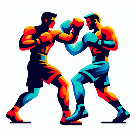 Boxing men with gloves on the white background. Vector illustration.のイラスト素材
