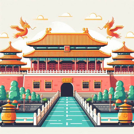 Vector illustration of a Chinese temple in the middle of the city.のイラスト素材