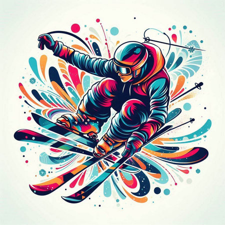 Vector illustration of a skier jumping on colorful background with splashes.のイラスト素材
