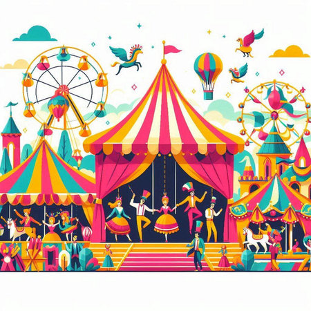 Circus background with people in carnival costumes. Vector illustration.のイラスト素材
