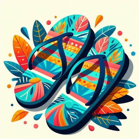 Vector illustration of a pair of flip flops with tropical leaves.のイラスト素材