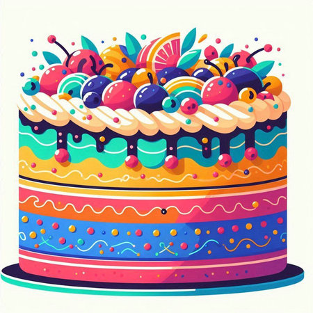 Colorful cake with fruit and berries on top, vector illustration.のイラスト素材