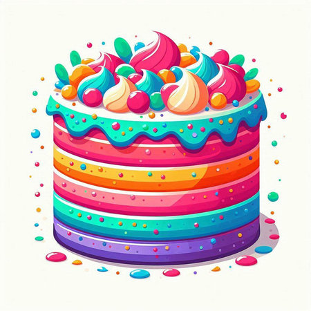 Colorful birthday cake with cream and cherry on top. Vector illustration.のイラスト素材