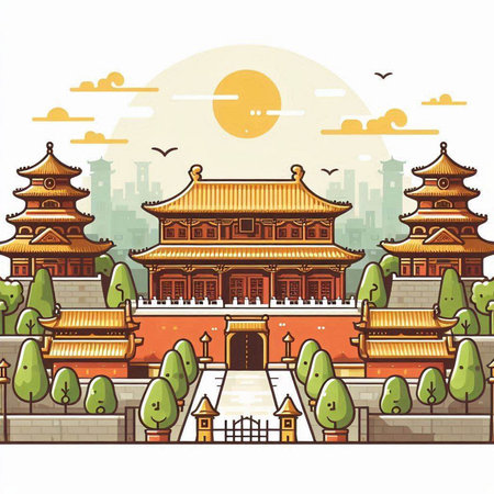 The ancient Chinese architecture in the city. Vector illustration in a flat style.のイラスト素材