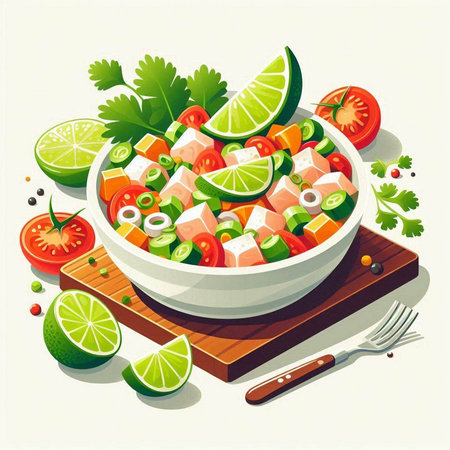 Salad with salmon and fresh vegetables in a bowl. Vector illustration.のイラスト素材