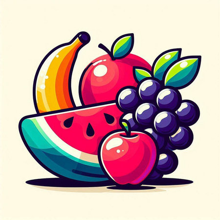 Fruit and berry vector illustration in cartoon style. Juicy fresh fruit in a plate.のイラスト素材