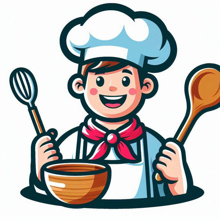 Chef boy with ladle and bowl. Vector clip art.のイラスト素材