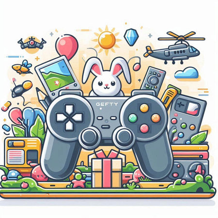 Vector illustration of a video game controller with a bunny, a gift box, a camera, a drone, a smartphone, a camera, a helicopter.のイラスト素材