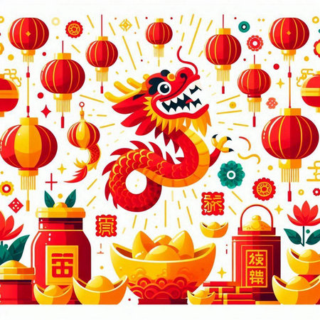 Chinese New Year seamless pattern with dragon and lanterns. Vector illustrationのイラスト素材