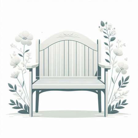 Bench with flowers and leaves on a white background. Vector illustration.のイラスト素材