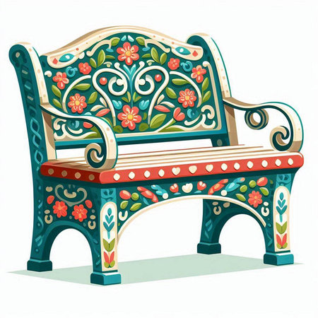 Vector illustration of an old wooden chair with floral pattern on a white backgroundのイラスト素材