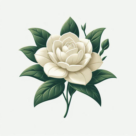 Beautiful white rose with green leaves isolated on white background. Vector illustration.のイラスト素材