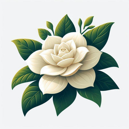 Beautiful white magnolia flower with green leaves. Vector illustration.のイラスト素材