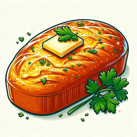 Illustration of a piece of baked salmon with butter and parsleyのイラスト素材