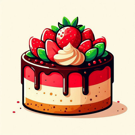 Strawberry cake with whipped cream and fresh strawberries. Vector illustration.のイラスト素材