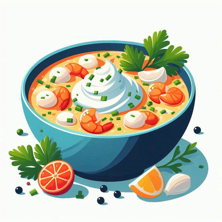 Creamy soup with shrimps in bowl. Vector illustration.のイラスト素材