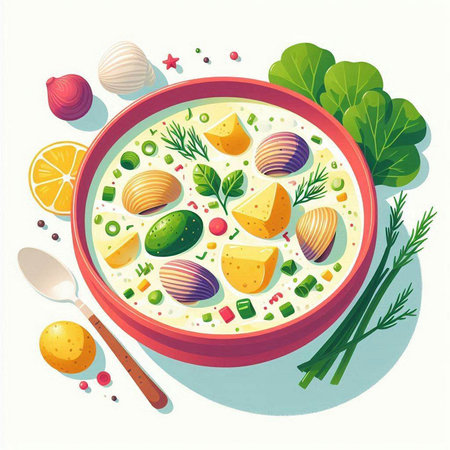 Vector illustration of a soup with vegetables and greens in a bowl.のイラスト素材