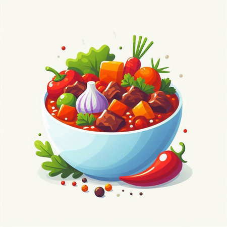 Illustration of a bowl of beef stew with vegetables and spices on a white backgroundのイラスト素材