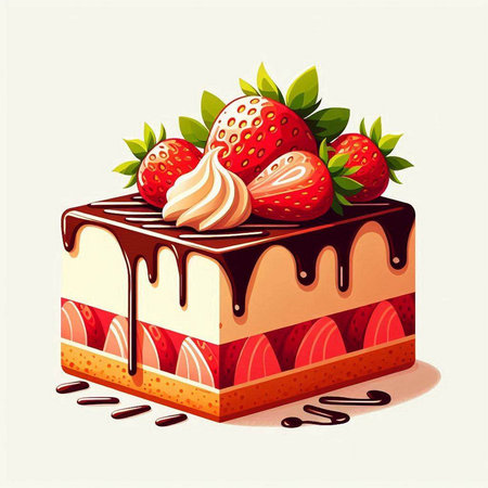 Vector illustration of a chocolate cake with strawberries on a white background.のイラスト素材