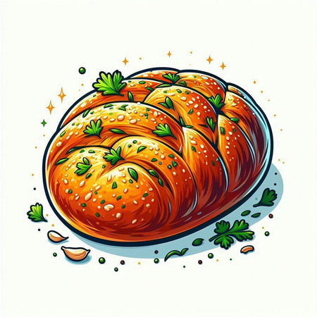 Illustration of a loaf of bread with parsley on a white backgroundのイラスト素材