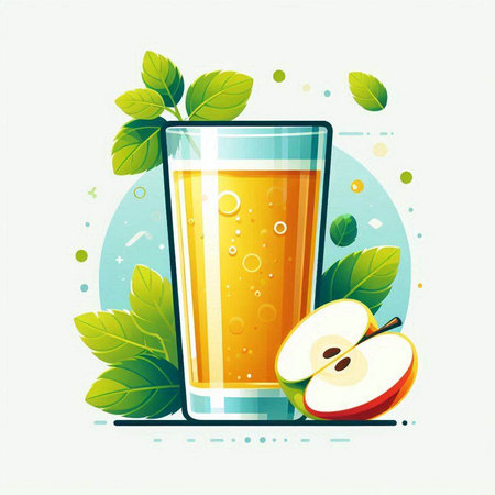 Glass of apple juice with fresh apples and leaves. Vector illustration.のイラスト素材