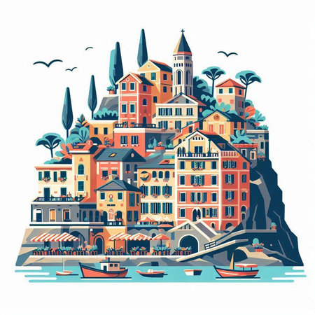 Vector illustration of the island of Cinque Terre, Italyのイラスト素材
