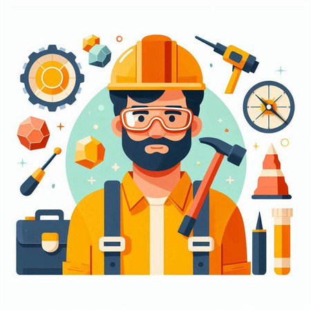 Engineer with tools. Vector illustration in flat cartoon style. Isolated on white background.のイラスト素材